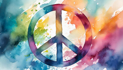 Peace symbol, watercolor illustration, retro design - obrazy, fototapety, plakaty