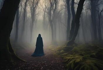 man wearing a cloak and cloak walking in the middle of the forest - obrazy, fototapety, plakaty