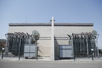 Aerial view of electrical substation building
