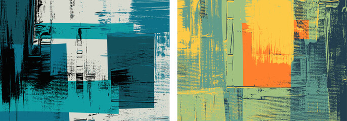 Orange and green paint strokes on canvas, set of abstract paintings, cross hatching grungy vector background
