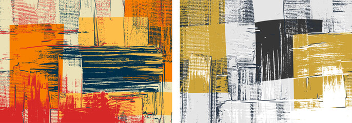 Orange paint strokes on canvas, set of abstract paintings, cross hatching grungy vector background