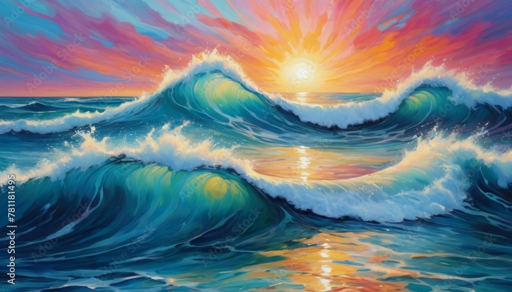 Poster artistic rendering of ocean waves at sunset with a blend of vibrant sky colors reflecting over the d