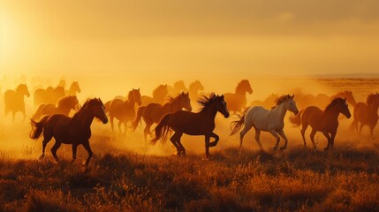 Fototapeta na wymiar Herd of horses running through a field with dust rising, illuminated by the golden hour sunlight.