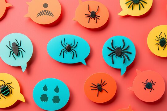 Pop art ignites the imagination with an array of colorful thought bubbles, each adorned with symbols embodying different fears, notably spiders.