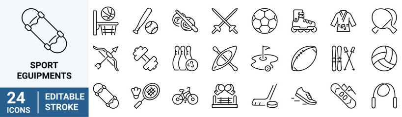 Sport Equipments web line icons. Fitness and Sport. Soccer, Bicycle, Hobby,