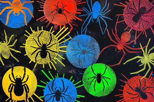 Pop art ignites the imagination with an array of colorful thought bubbles, each adorned with symbols embodying different fears, notably spiders.
