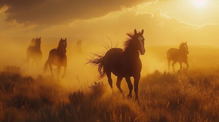 Fototapeta na wymiar Herd of horses running through a field with dust rising, illuminated by the golden hour sunlight.
