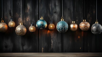 a group of christmas ornaments hanging from the ceiling on a wooden shelf