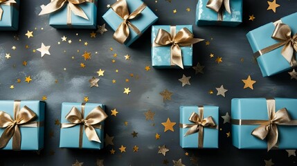 a christmas photo with five blue gift boxes in the middle, each of which are - obrazy, fototapety, plakaty