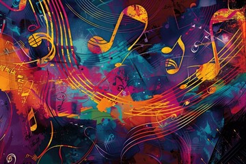 Vibrant and colorful abstract art with swirling lines and musical notes suggesting rhythm and movement - obrazy, fototapety, plakaty