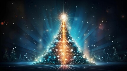 an image of a glowing christmas tree in the snow with lights coming out - obrazy, fototapety, plakaty