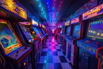 Retro arcade game machines lined up in a colorful room with neon lights, evoking nostalgia and entertainment