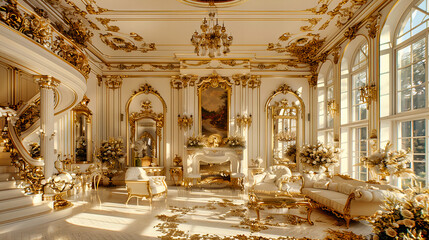 Exquisite Russian Palace Interior with Intricate Golden Details, Symbolizing the Rich Cultural Heritage and Aristocratic Beauty - obrazy, fototapety, plakaty