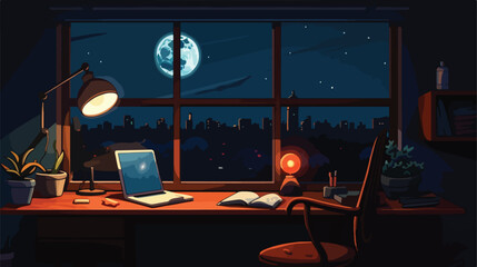 Home office workplace desk near window at night. Ta