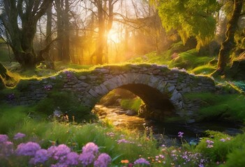 AI-generated illustration of a quaint stone bridge situated in a picturesque forest setting - obrazy, fototapety, plakaty
