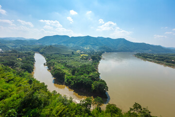 View Huang River, Mekong River and mountain with cloudy sky from sky walk chiang khan, Loei,...