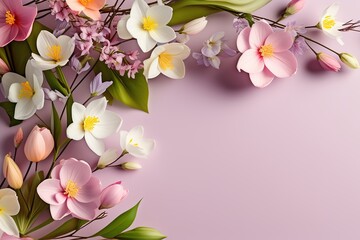 Spring flowers on pink background. Flat lay, top view, copy space for text - 781183041