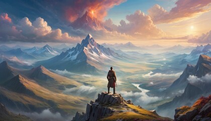 A lone explorer stands atop a rocky peak, gazing out over a vast landscape of majestic, snow-capped mountains under a dramatic sunset sky with an active volcano in the distance. AI Generation - obrazy, fototapety, plakaty