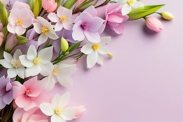 Spring flowers on a pink background with copy space. Floral background. - 781183065