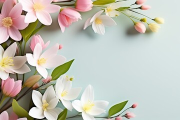 Spring flowers on pastel blue background. Flat lay, top view - 781183069