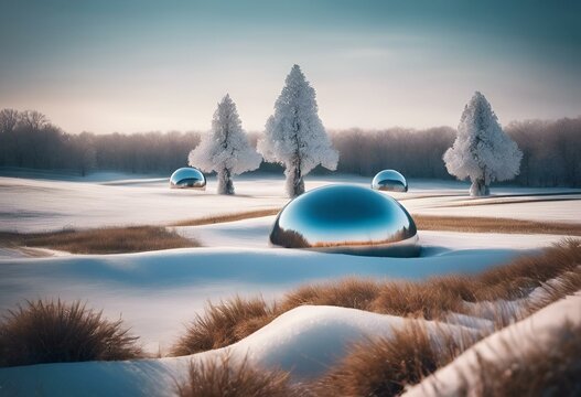 AI generated illustration of spherical sculptures is depicted in a wintery landscape
