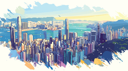 Hong Kong City Skyline. Watercolor splash with sket - obrazy, fototapety, plakaty