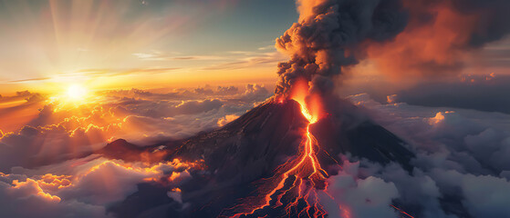 A drone capturing aerial footage of an erupting volcano, the plume of ash and flowing lava detailed against the setting sun