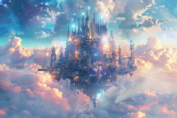 Obraz premium A metaverse city on clouds built on blockchain technology 