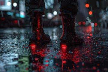 Gritty cyberpunk cityscape with boots