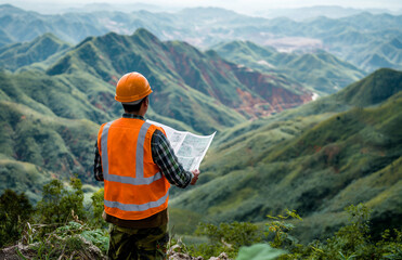 An Chinese engineer wearing a yellow vest and white helmet is holding blueprints in his hand, looking at the forest mountain range on both sides of him