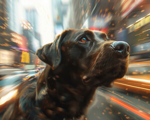 A labrador with its head out the side, jowls blowing back, eyes squinting, against the blur of a...