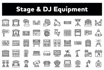 Vector illustration of a pack of "DJ equipment" related icons isolated on the empty white background