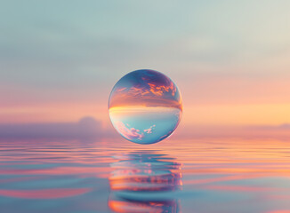 A colourful bubble suspended above a calm water surface, Orb-shaped water drops suspended in the air, calm water, calm atmosphere - obrazy, fototapety, plakaty