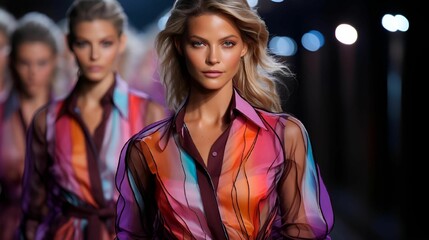 model walking down the runway in a colorful outfit with others - obrazy, fototapety, plakaty
