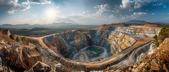 A panoramic view of an openpit gold mine, the vast operations contrasted against the natural...