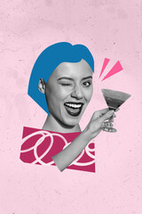 Vertical creative composite photo collage of funny positive woman winking eye say cheers drink...