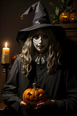 Scary evil witch girl in a dark room halloween day with pumpkis and candles night