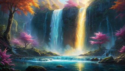 A serene digital landscape where vibrant autumn trees frame a majestic waterfall under a soft, golden light, creating a peaceful and picturesque setting.. AI Generation
