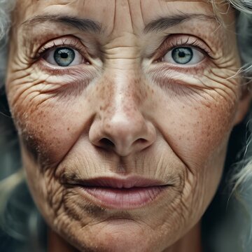 an elderly woman with blue eyes looking at the camera with a smirk on her face