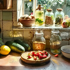 Rural cozy still life with fresh strawberries from garden on rustic kitchen table at window - 781184619
