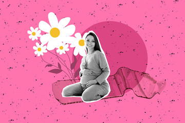 Composite photo collage of happy pregnant girl sit touch belly receive flowers chamomile...