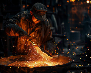 A skilled artisan melting gold in a glowing furnace, the golden liquid shimmering against the dark interior of a foundry