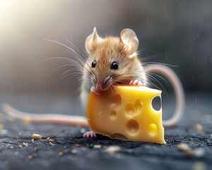 A small mouse pulling a large slice of cheese, set against a sleek, uncluttered background, depicting perseverance