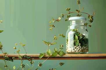 Glass jar with healthy herbal supplements at green background, front view with copy space