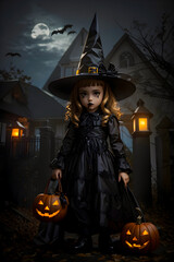 Scary evil witch girl in a dark room halloween day with pumpkis and candles night