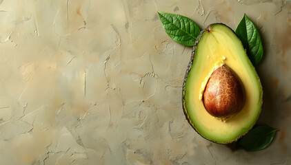 Halved organic avocado with green leaves on rustic background with copy space , top view