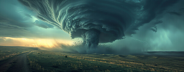 A tornado tearing across the plains, its powerful funnel cloud touching down and reshaping the landscape in its path - obrazy, fototapety, plakaty