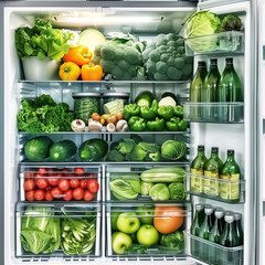 Open refrigerator with healthy food and many green vegetables - 781185017