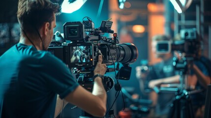 Video camera operator working with his equipment. 