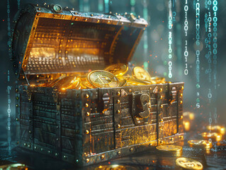 A treasure chest filled with glowing bitcoins, set against the backdrop of a digital cyberspace, with binary code streaming down around it